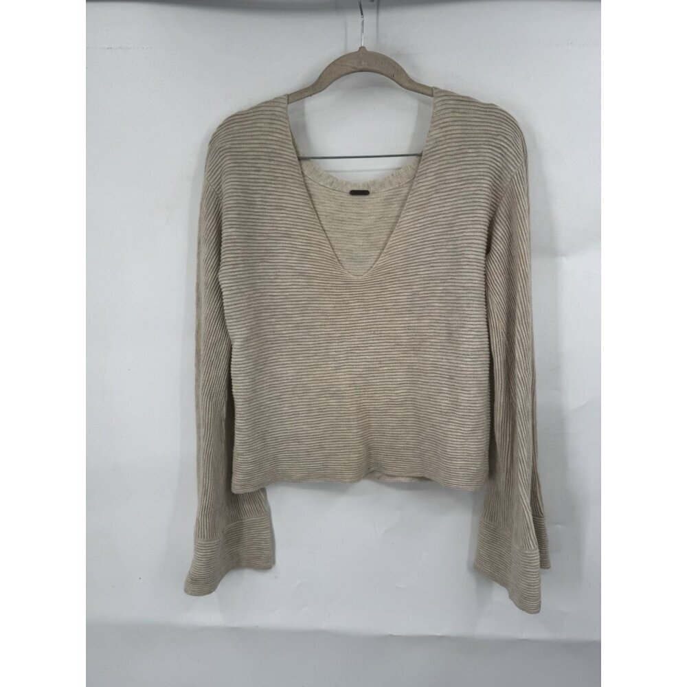 FREE PEOPLE Starman V Pullover Sweater Top Women Small Tan Wide‎ Sleeve Relaxed